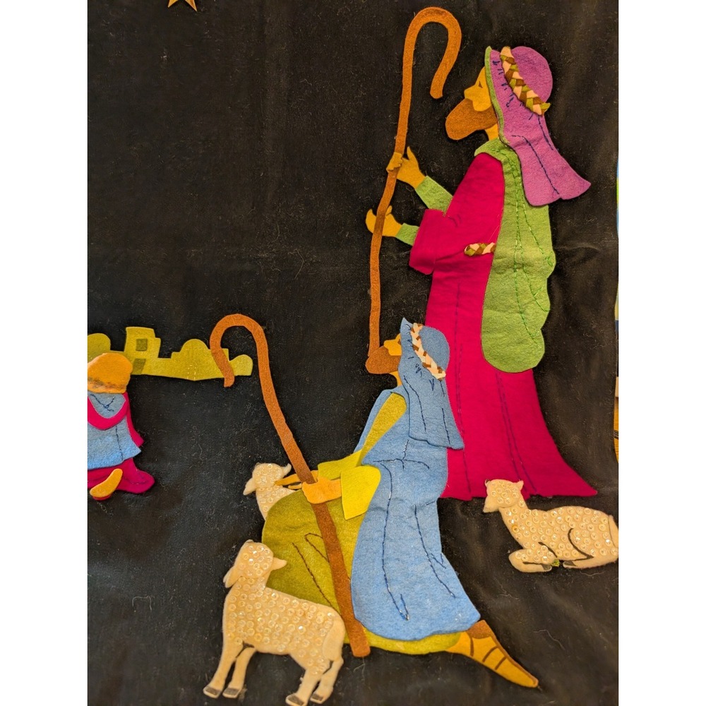 Vintage Velvet‎ Felt Nativity Sta Shepherds And Sheep Christmas Handmade 36"x25" - Picture 2 of 7